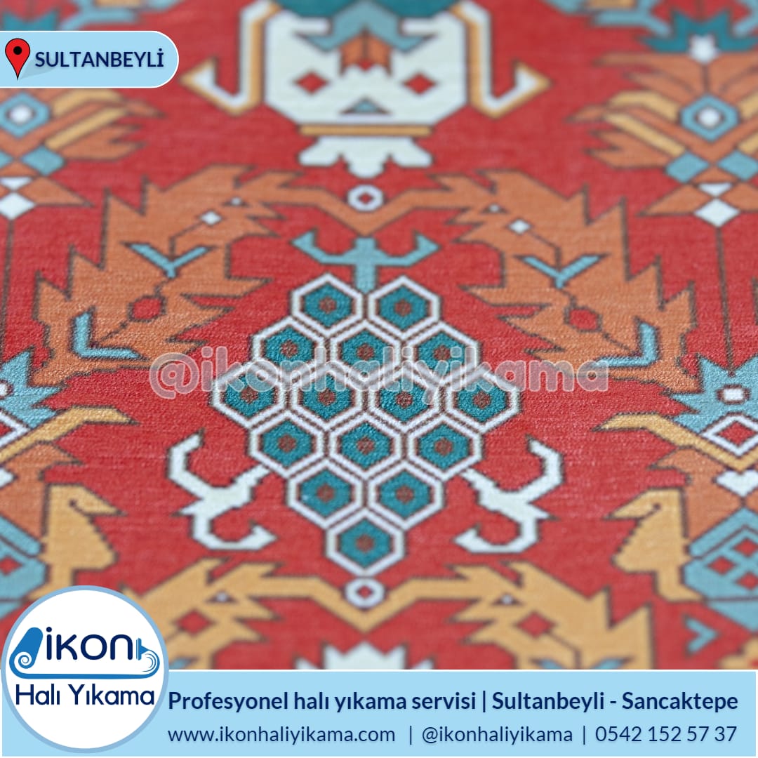 Kırmızı ve petrol mavisi desenli halı detayı